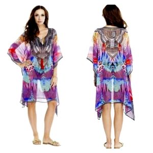 True Colours‎ OSFM Blue Lagoon Rhinestone Sheer Lace Up Kaftan Caftan Cover Up